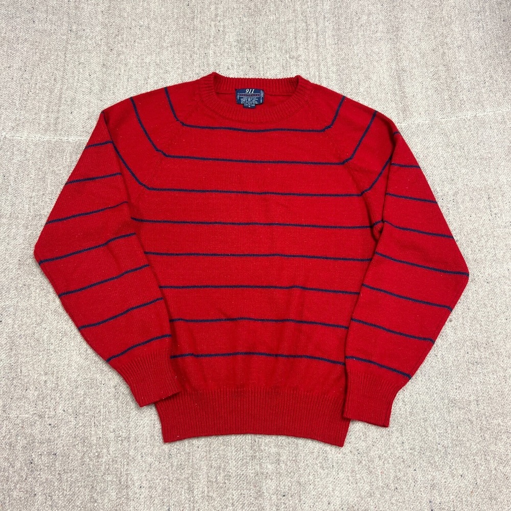Vintage‎ 911 Sportswear Sweater Mens Medium Red 1980s Striped Acrylic